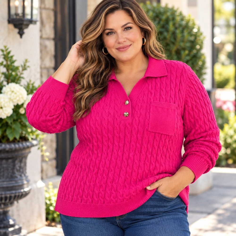 Talbots Plus 2X Pink Cable Knit Polo Sweater Long Sleeve Cotton Blend